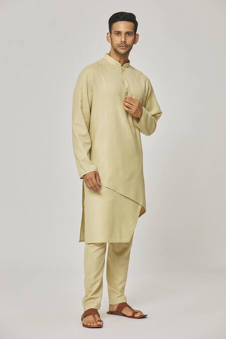 Shop_Aham-Vayam_Beige Cotton Tatvam Akio Solid Kurta And Pyjama Set _Online_at_Aza_Fashions