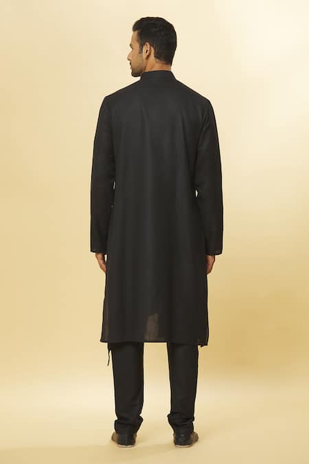 Aham-Vayam_Black Cotton Tatvam Ahimsa Solid Kurta And Pyjama Set _Online_at_Aza_Fashions
