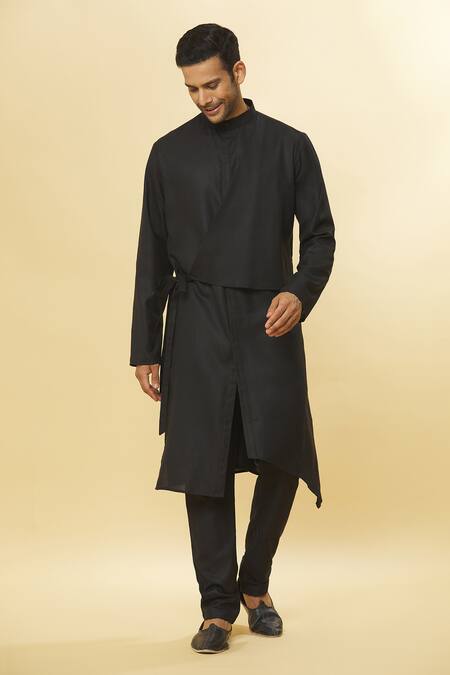Shop_Aham-Vayam_Black Cotton Tatvam Ahimsa Solid Kurta And Pyjama Set _Online_at_Aza_Fashions