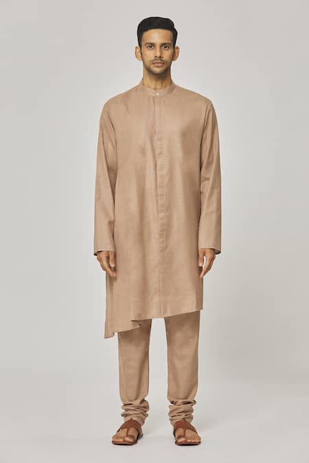 Buy_Aham-Vayam_Brown Cotton Tatvam Haritva Solid Kurta And Pyjama Set _Online_at_Aza_Fashions