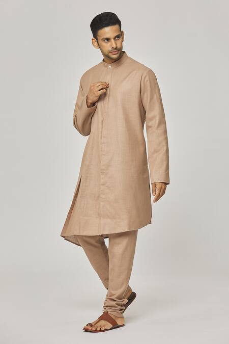 Shop_Aham-Vayam_Brown Cotton Tatvam Haritva Solid Kurta And Pyjama Set _Online_at_Aza_Fashions