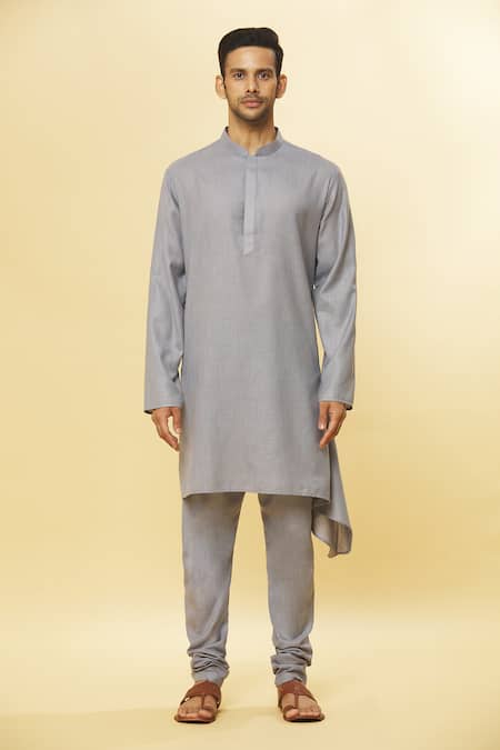 Shop_Aham-Vayam_Grey Cotton Tatvam Asahi Kurta Set _Online_at_Aza_Fashions