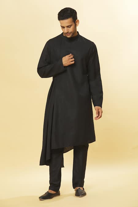 Shop_Aham-Vayam_Black Cotton Tatvam Maharana Solid Kurta And Pyjama Set _Online_at_Aza_Fashions