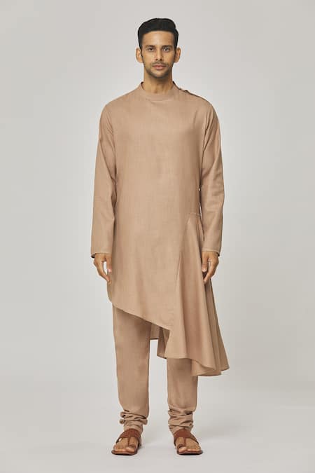 Shop_Aham-Vayam_Brown Cotton Asymmetric Hemline Kurta Set _Online_at_Aza_Fashions