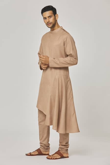 Aham-Vayam_Brown Cotton Asymmetric Hemline Kurta Set _at_Aza_Fashions