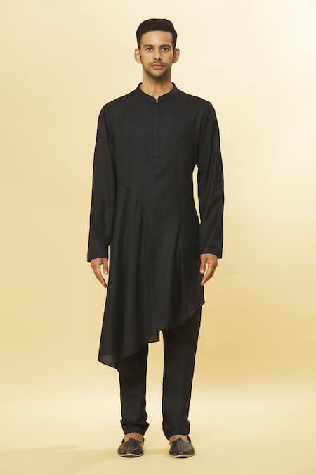 Shop_Aham-Vayam_Black Cotton Tatvam Neel Solid Kurta And Pyjama Set _Online_at_Aza_Fashions