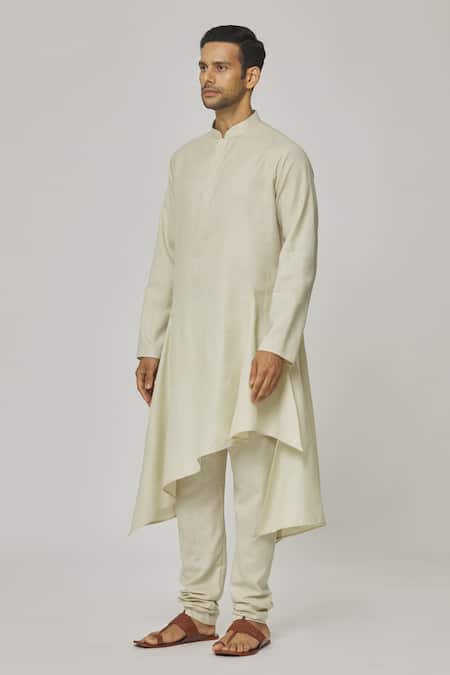 Shop_Aham-Vayam_Cream Cotton Tatvam Sahaj Solid Kurta And Pyjama Set _Online_at_Aza_Fashions