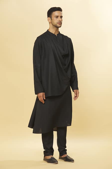 Shop_Aham-Vayam_Black Cotton Tatvam Mahotsav Solid Kurta And Pyjama Set _Online_at_Aza_Fashions