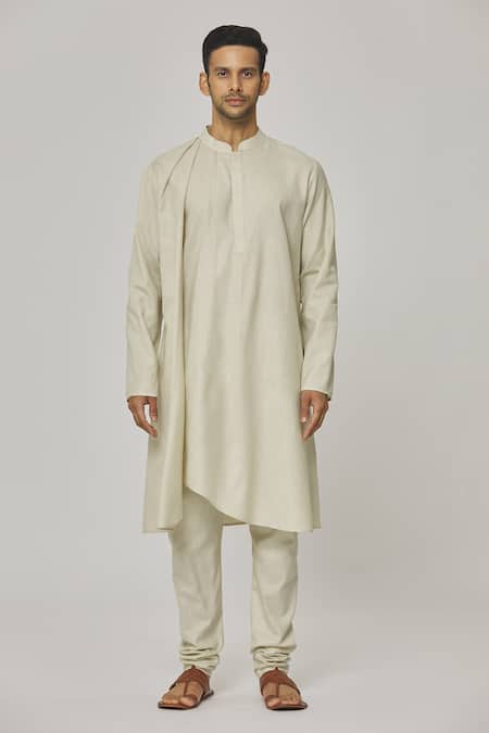 Buy_Aham-Vayam_Cream Cotton Tatvam Kaito Solid Kurta And Pyjama Set _Online_at_Aza_Fashions