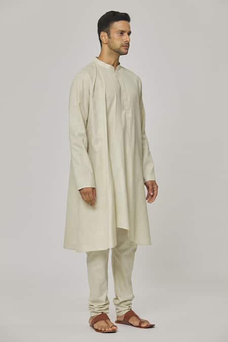 Shop_Aham-Vayam_Cream Cotton Tatvam Kaito Solid Kurta And Pyjama Set _Online_at_Aza_Fashions