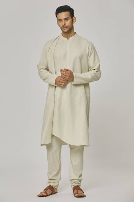 Aham-Vayam_Cream Cotton Tatvam Kaito Solid Kurta And Pyjama Set _at_Aza_Fashions