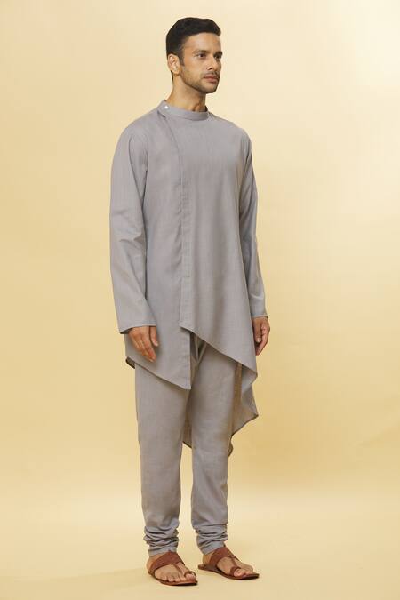 Buy_Aham-Vayam_Grey Cotton Tatvam Minato Solid Kurta And Pyjama Set _Online_at_Aza_Fashions