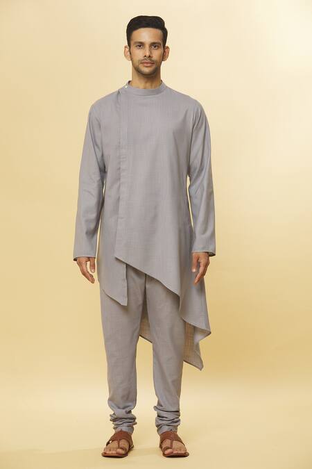 Shop_Aham-Vayam_Grey Cotton Tatvam Minato Solid Kurta And Pyjama Set _Online_at_Aza_Fashions