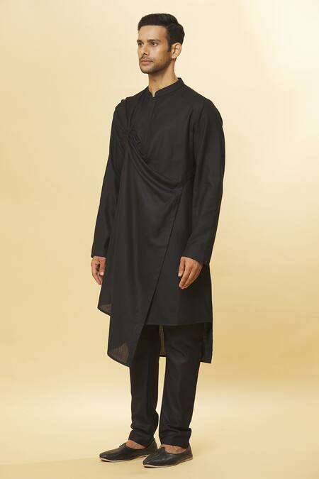 Shop_Aham-Vayam_Black Cotton Tatvam Aapno Solid Kurta And Pyjama Set _Online_at_Aza_Fashions