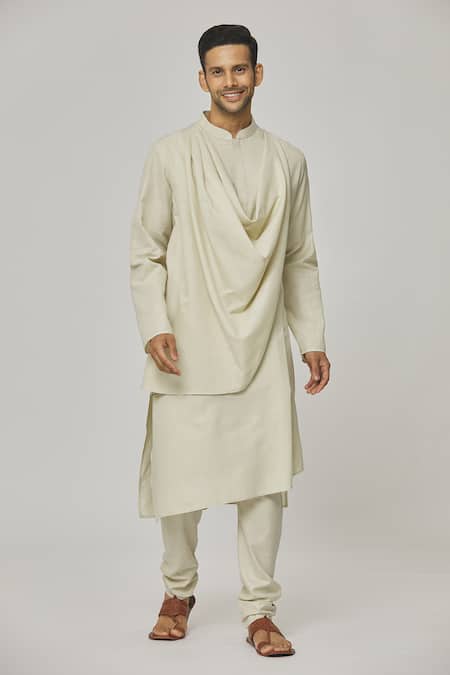 Aham-Vayam Cream Cotton Tatvam Mahotsav Draped Kurta And Pyjama Set 