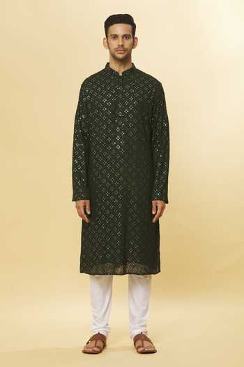 Aham-Vayam_Green Cotton Mirrors Embroidered Kurta And Pyjama Set _Online_at_Aza_Fashions