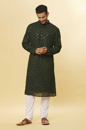 Buy_Aham-Vayam_Green Cotton Mirrors Embroidered Kurta And Pyjama Set _Online_at_Aza_Fashions