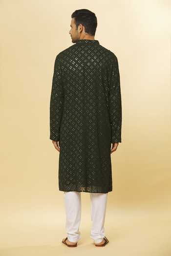 Shop_Aham-Vayam_Green Cotton Mirrors Embroidered Kurta And Pyjama Set _Online_at_Aza_Fashions