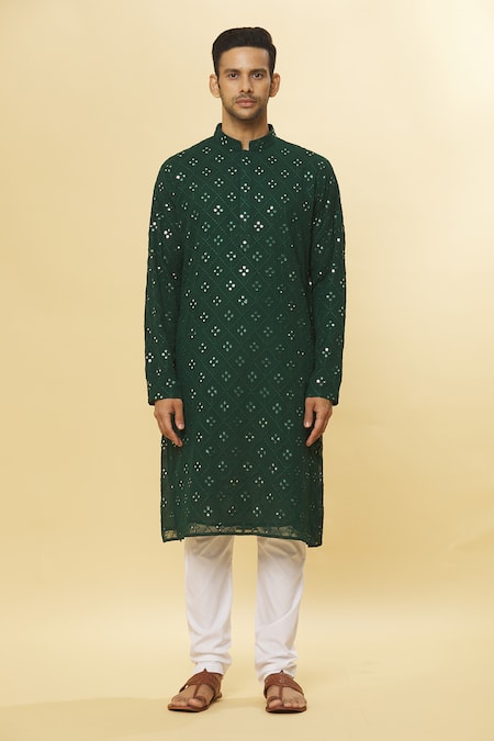 Shop_Aham-Vayam_Green Cotton Mirrors Embroidered Kurta And Pyjama Set _Online_at_Aza_Fashions