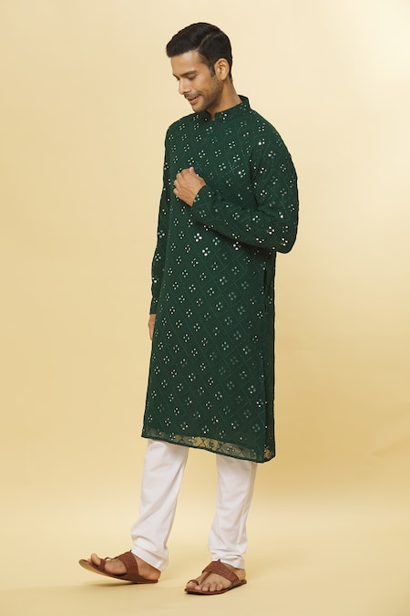 Aham-Vayam_Green Cotton Mirrors Embroidered Kurta And Pyjama Set _at_Aza_Fashions