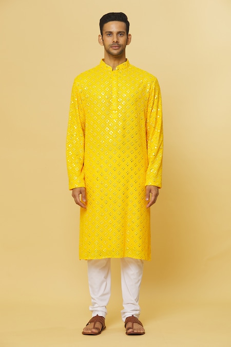 Shop_Aham-Vayam_Yellow Cotton Mirrors Embroidered Kurta And Pyjama Set _Online_at_Aza_Fashions