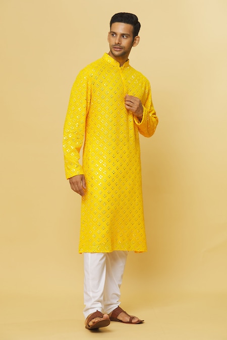 Aham-Vayam_Yellow Cotton Mirrors Embroidered Kurta And Pyjama Set _at_Aza_Fashions