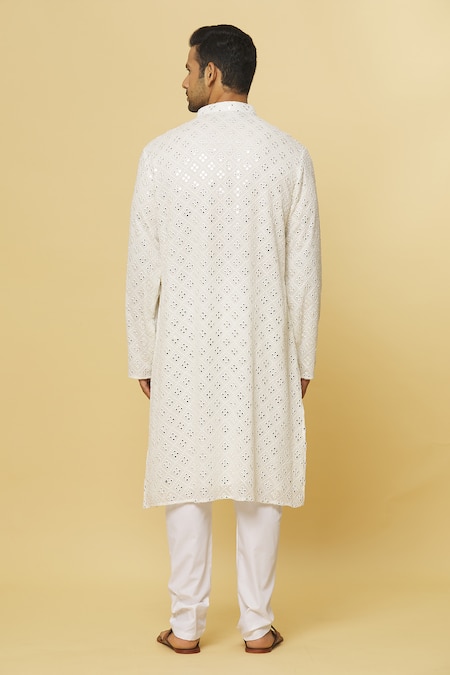 Aham-Vayam White Cotton Mirrors Embroidered Kurta And Pyjama Set Online at Aza Fashions Aham-Vayam_White Cotton Mirrors Embroidered Kurta And Pyjama Set _Online_at_Aza_Fashions