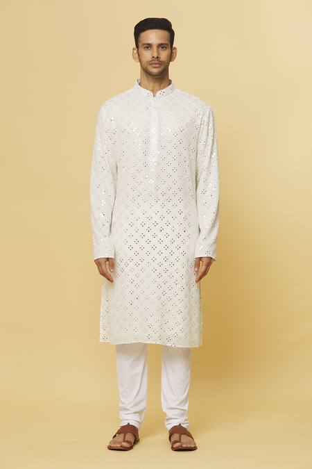 Shop Aham-Vayam White Cotton Mirrors Embroidered Kurta And Pyjama Set Online at Aza Fashions Shop_Aham-Vayam_White Cotton Mirrors Embroidered Kurta And Pyjama Set _Online_at_Aza_Fashions