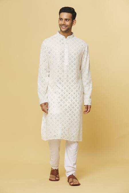Aham-Vayam White Cotton Mirrors Embroidered Kurta And Pyjama Set at Aza Fashions Aham-Vayam_White Cotton Mirrors Embroidered Kurta And Pyjama Set _at_Aza_Fashions