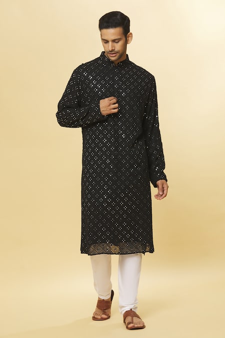 Aham-Vayam Black Cotton Mirrors Embroidered Kurta And Pyjama Set 