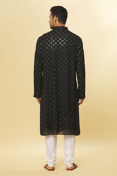 Aham-Vayam_Black Cotton Mirrors Embroidered Kurta And Pyjama Set _Online_at_Aza_Fashions
