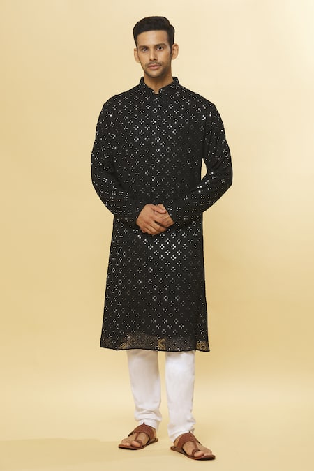 Buy_Aham-Vayam_Black Cotton Mirrors Embroidered Kurta And Pyjama Set _Online_at_Aza_Fashions