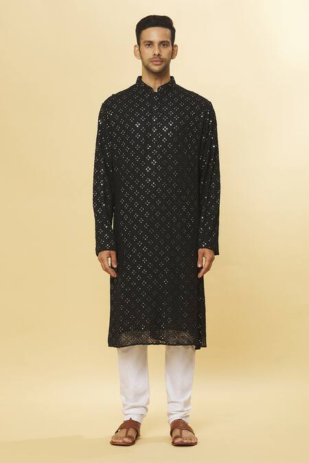 Shop_Aham-Vayam_Black Cotton Mirrors Embroidered Kurta And Pyjama Set _Online_at_Aza_Fashions