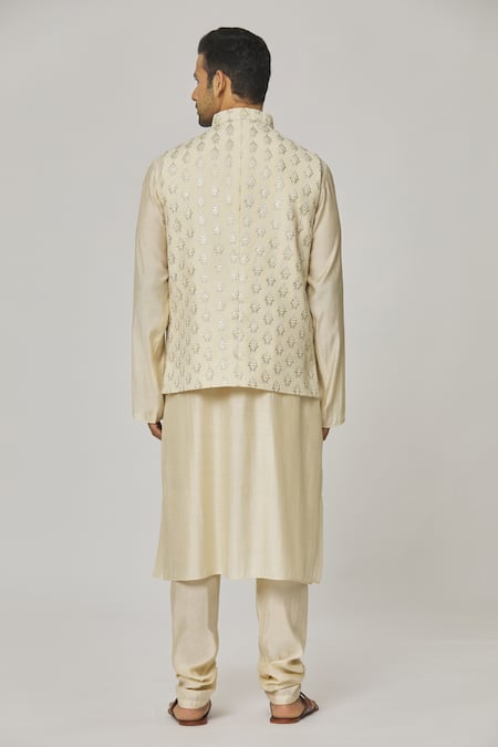 Aham-Vayam Floral Embroidered Cream Nehru Jacket 
