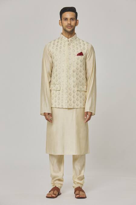 Buy_Aham-Vayam_Cream Cotton Embroidery Floral Nehru Jacket _Online_at_Aza_Fashions