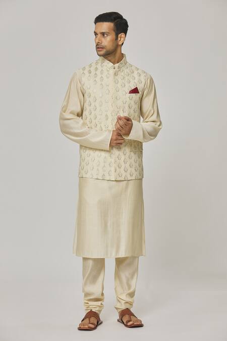 Shop_Aham-Vayam_Cream Cotton Embroidery Floral Nehru Jacket _Online_at_Aza_Fashions