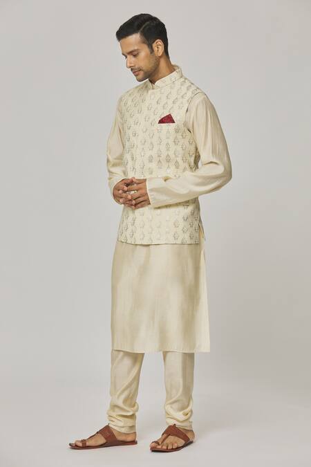 Aham-Vayam_Cream Cotton Embroidery Floral Nehru Jacket _at_Aza_Fashions