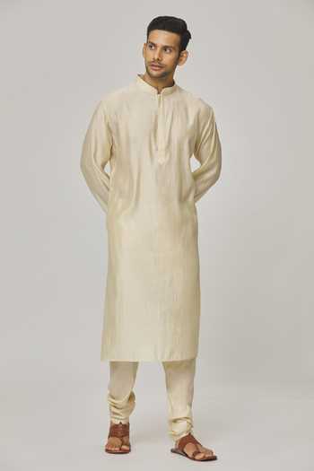 Shop Aham-Vayam Cream Silk, Cotton Solid Kurta And Pyjama Set Online at Aza Fashions Shop_Aham-Vayam_Cream Silk, Cotton Solid Kurta And Pyjama Set _Online_at_Aza_Fashions