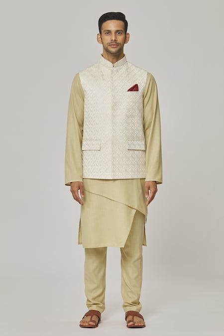 Buy_Aham-Vayam_Cream , Satin Embroidery Floral Bundi And Kurta Set _Online_at_Aza_Fashions