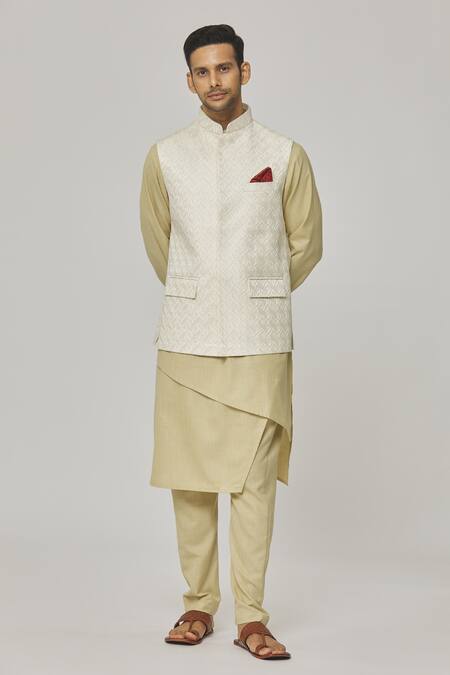 Shop_Aham-Vayam_Cream , Satin Embroidery Floral Bundi And Kurta Set _Online_at_Aza_Fashions
