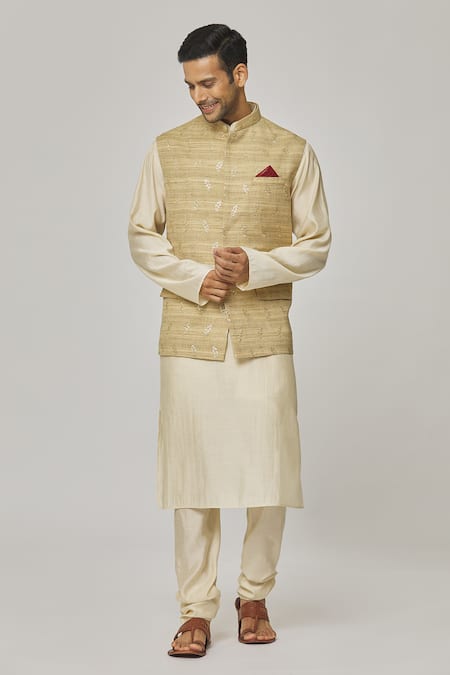 Readymade Golden Cream Nehru Jacket Set For Men