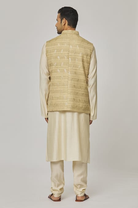 Aham-Vayam Pastel Beige Floral Embroidered Nehru Jacket 