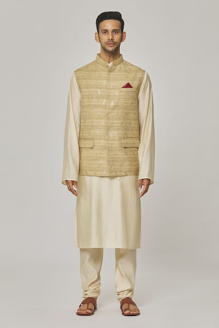 Buy_Aham-Vayam_Beige Cotton, Linen Embroidery Pastel Floral Nehru Jacket _Online_at_Aza_Fashions