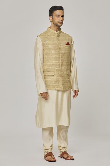 Shop_Aham-Vayam_Beige Cotton, Linen Embroidery Pastel Floral Nehru Jacket _Online_at_Aza_Fashions