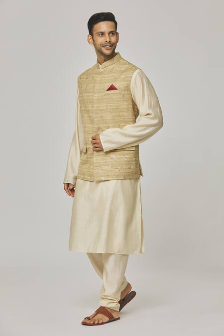 Aham-Vayam_Beige Cotton, Linen Embroidery Pastel Floral Nehru Jacket _at_Aza_Fashions