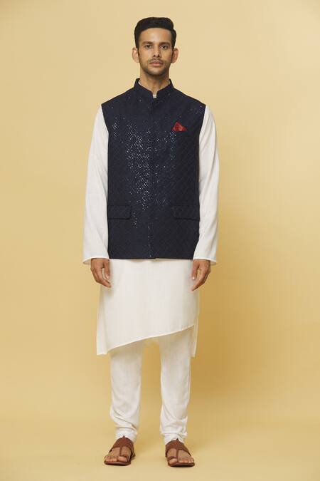 Buy_Aham-Vayam_Blue Cotton, Silk Sequins Embroidered Nehru Jacket _Online_at_Aza_Fashions