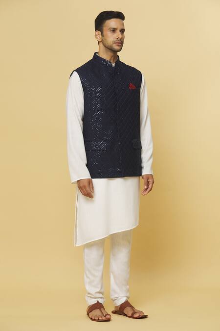 Shop_Aham-Vayam_Blue Cotton, Silk Sequins Embroidered Nehru Jacket _Online_at_Aza_Fashions
