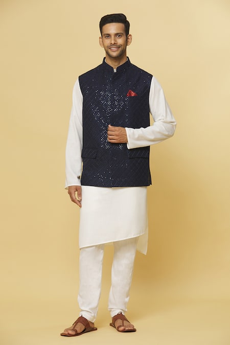 Aham-Vayam_Blue Cotton, Silk Sequins Embroidered Nehru Jacket _at_Aza_Fashions