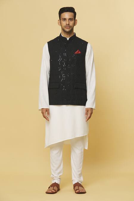 Buy_Aham-Vayam_Black Cotton Sequins Embroidered Nehru Jacket _Online_at_Aza_Fashions