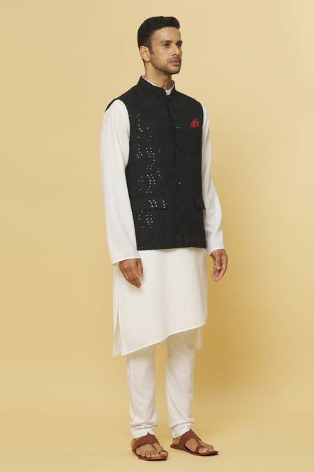 Shop_Aham-Vayam_Black Cotton Sequins Embroidered Nehru Jacket _Online_at_Aza_Fashions